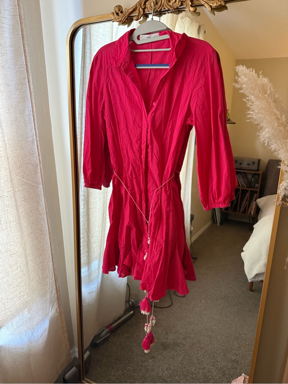 Mango Hot Pink Button-Front Mini Dress with Tassel Belt